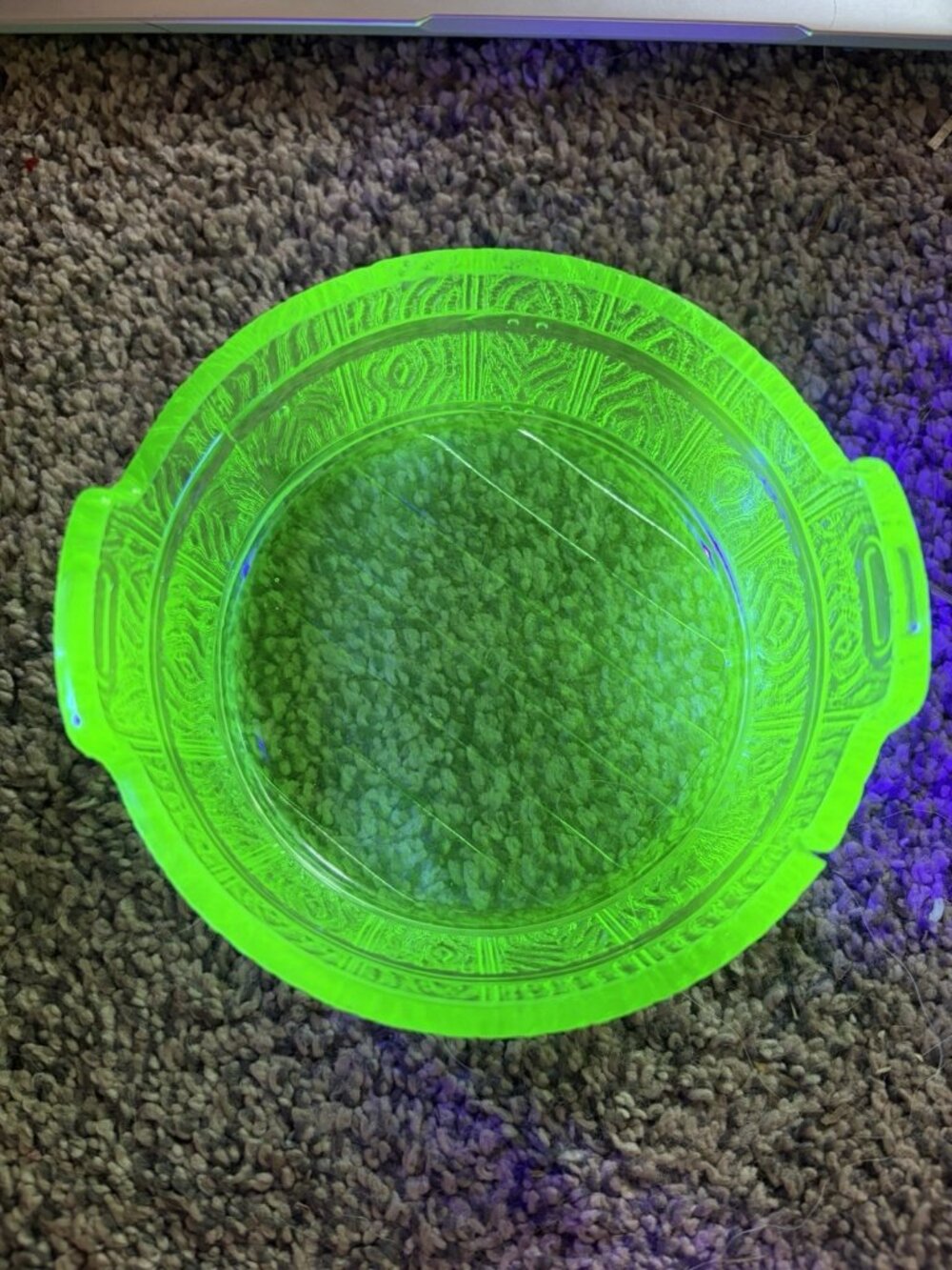 Vtg Uranium Glass Two Handled Nappy Berry Bowl Starburst UV Rx Green